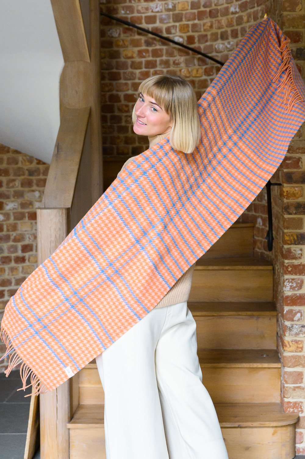 Peach Houndstooth Lambswool Tartan Scarf UK