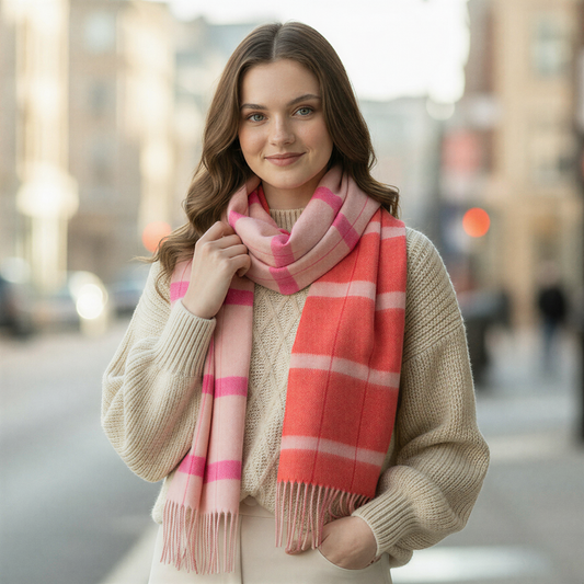 Pink Asymmetrical Check Lambswool Scarf